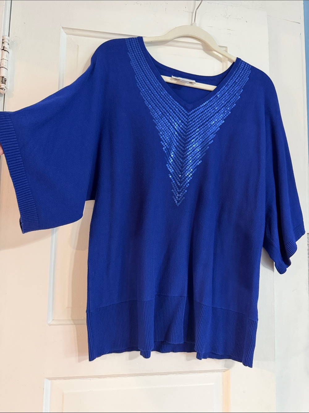 Christopher & Banks Blue V-Neck Sweater with Sequined Chevron